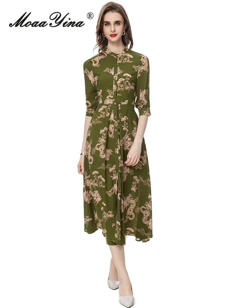 

MoaaYina Spring Fashion Designer Dress Women half sleeve Single-breasted Belted Green Print Vintage Party Midi Dress