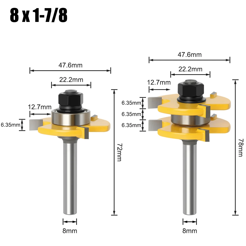 2Pcs 8mm Shank Tongue & Groove T-Slot Milling Cutter Joint Assemble Router Bits for Flooring Panel Wood Cutting Tools 6mm/6.35mm
