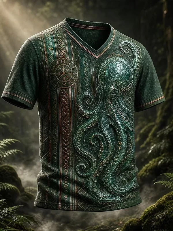 Viking Rune Octopus Pattern Graphic Print Mens V Neck Short Sleeve T Shirt Mythical Creature Casual Tops