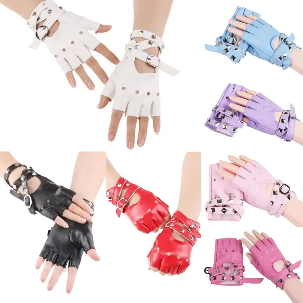 Punk Rivets Belt Wrist Gloves Anti-Slip Breathable Half Finger Gloves Gothic Trendy Performance Gloves Sports Activities