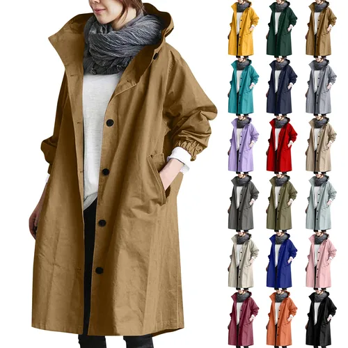 Imagen 2 del producto Gabardina larga a la moda para mujer, cortavientos elegante de Color sólido, impermeable holgado y cómodo con capucha para mujer