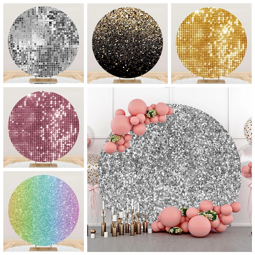 Glitter Light Round Backdrop Cover Shiny Sequin Pattern Adult Girl Boy Baby Birthday Let\'s Glow Party Photography Background