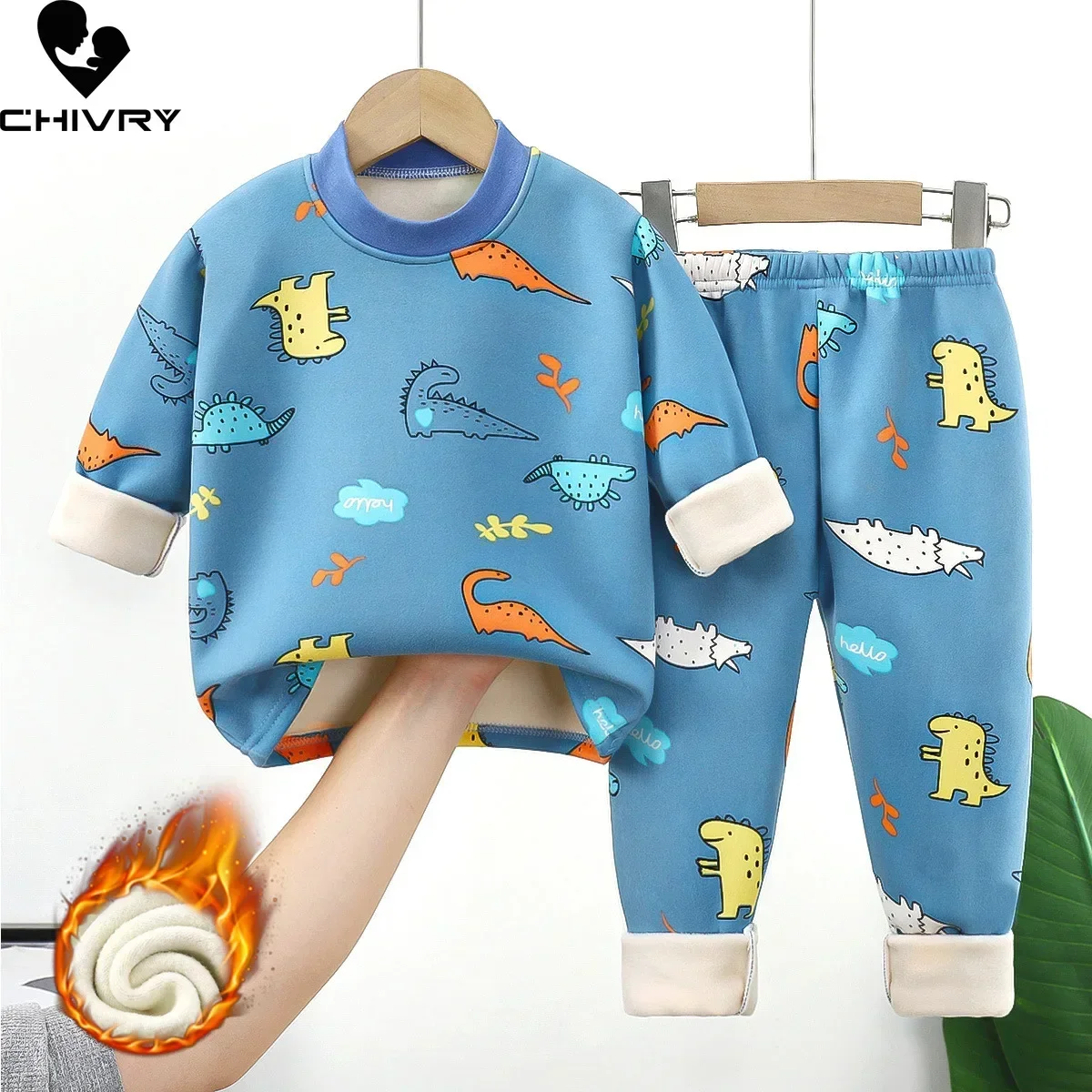 

New Autumn Winter Kids Thick Warm Pajamas Baby Boys Girls Cartoon Long Sleeve Round Neck Pyjamas Toddler Sleepwear Clothing Sets