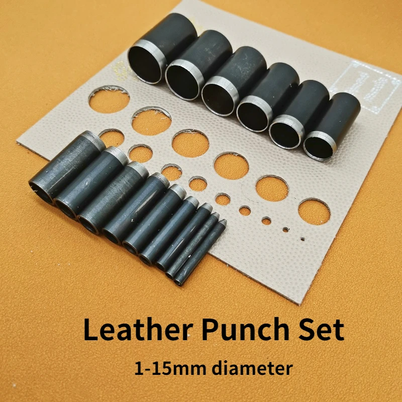 1-15mm Leather Hole Punch Set Round Hollow Steel Puncher Cutting Tool Leather Die Punching Pad for Belt Watchband Leathercraft