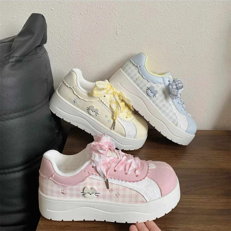Karierte Schleifen-Plateau-Sneaker für Damen – Frühjahr 2026 Neuheit, lässig, vielseitig, Nischen-Sneaker