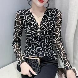 #8016 Black Print T Shirt Women V-neck Buttons Sexy Tight T Shirt Long Sleeve Thin Korean Style Slim Elastic Mesh T-shirt Retro