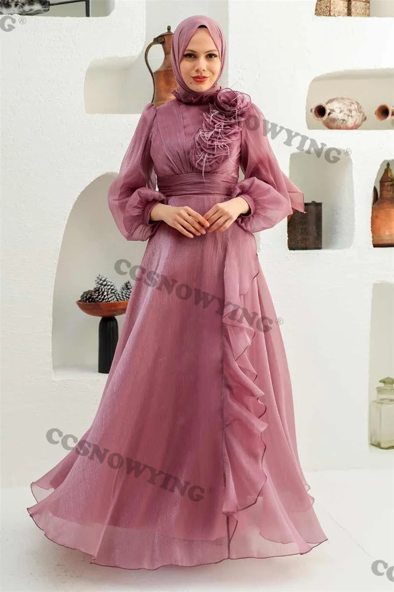 

Organza Appliqus Muslim Evening Dresses Long Sleeve Hijab Islamic Formal Party Gowns Arabic Dubai Women Robes De Soirée