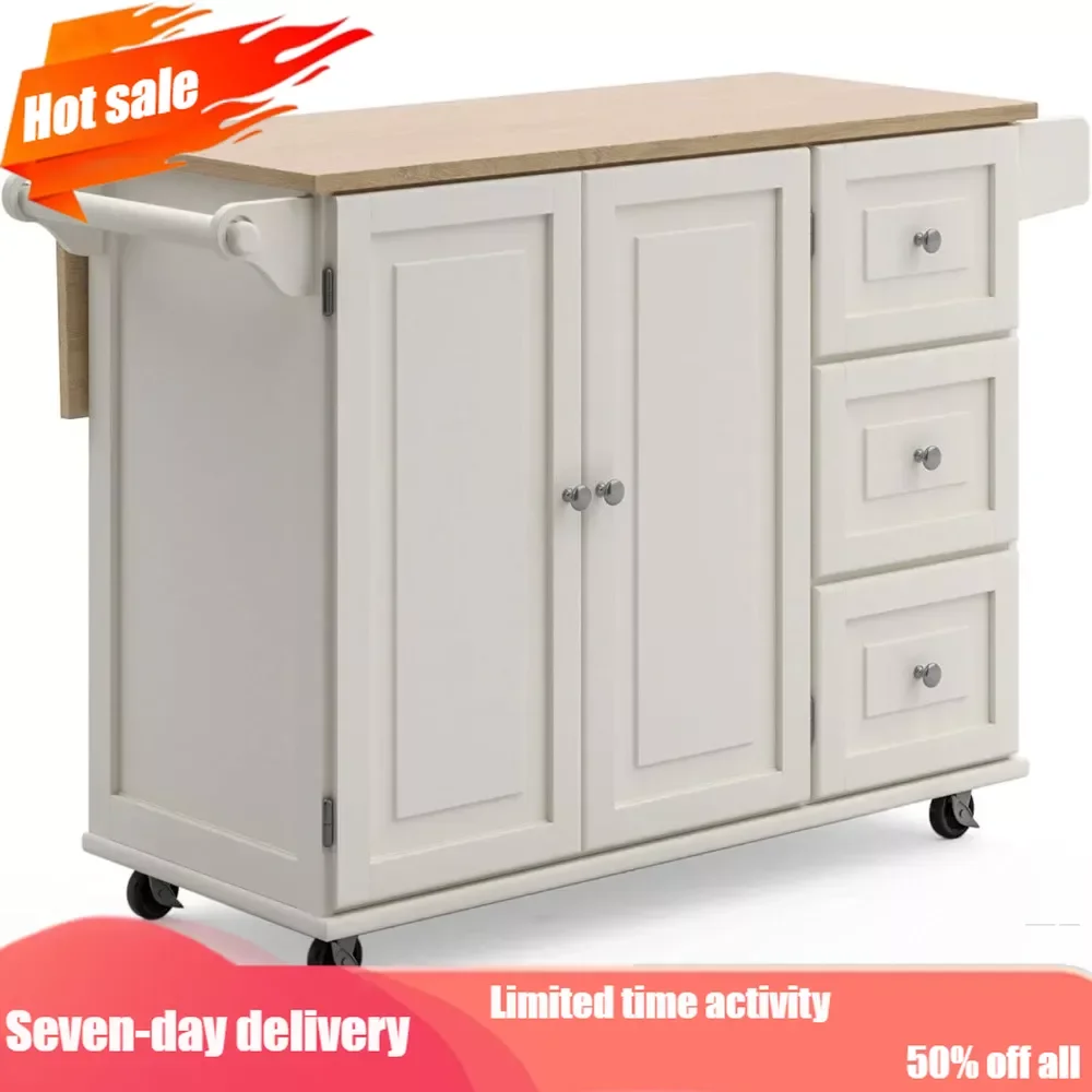 

Mobile Kitchen Island Cart with Wood Drop Leaf Breakfast Bar, Off White,Soft White, 54 Inch Width