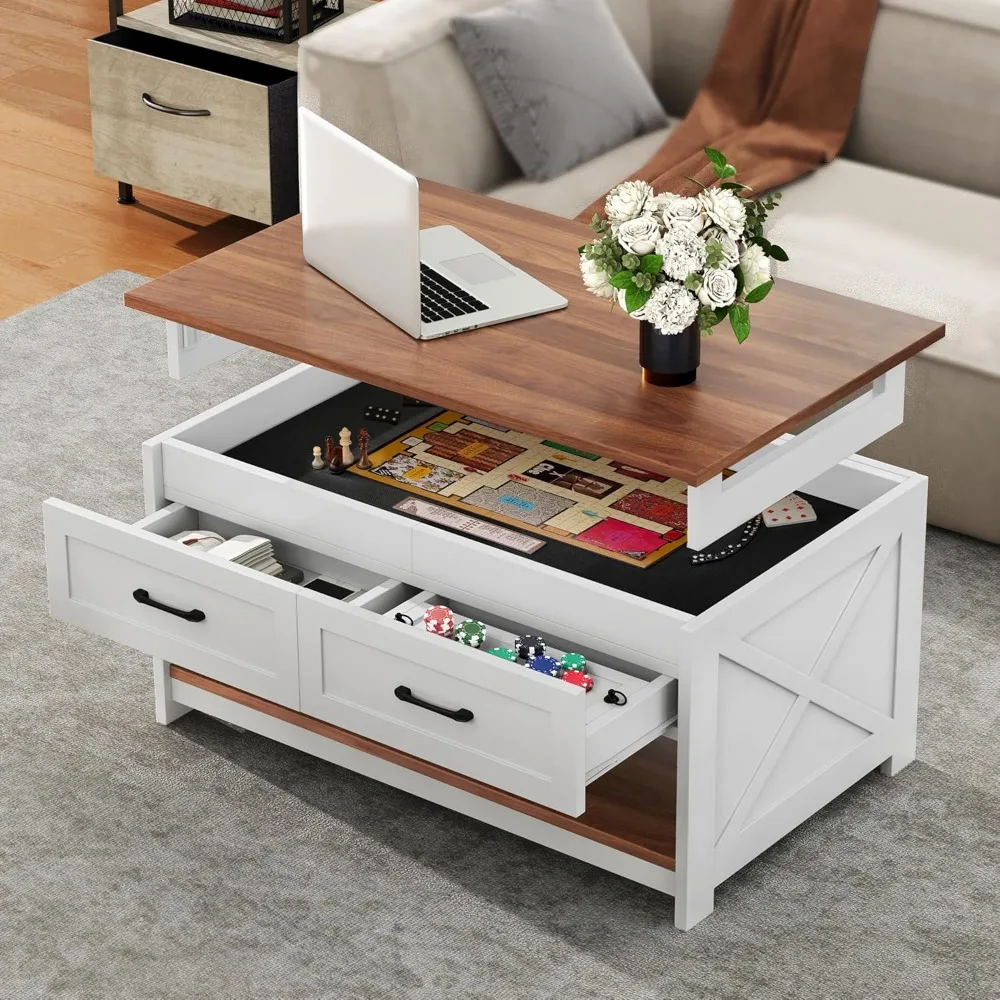Versatile 3-in-1 Coffee Table: Removable Top Board Game Center, 4-Drawer Puzzle Station, and Integrated Power Outlet