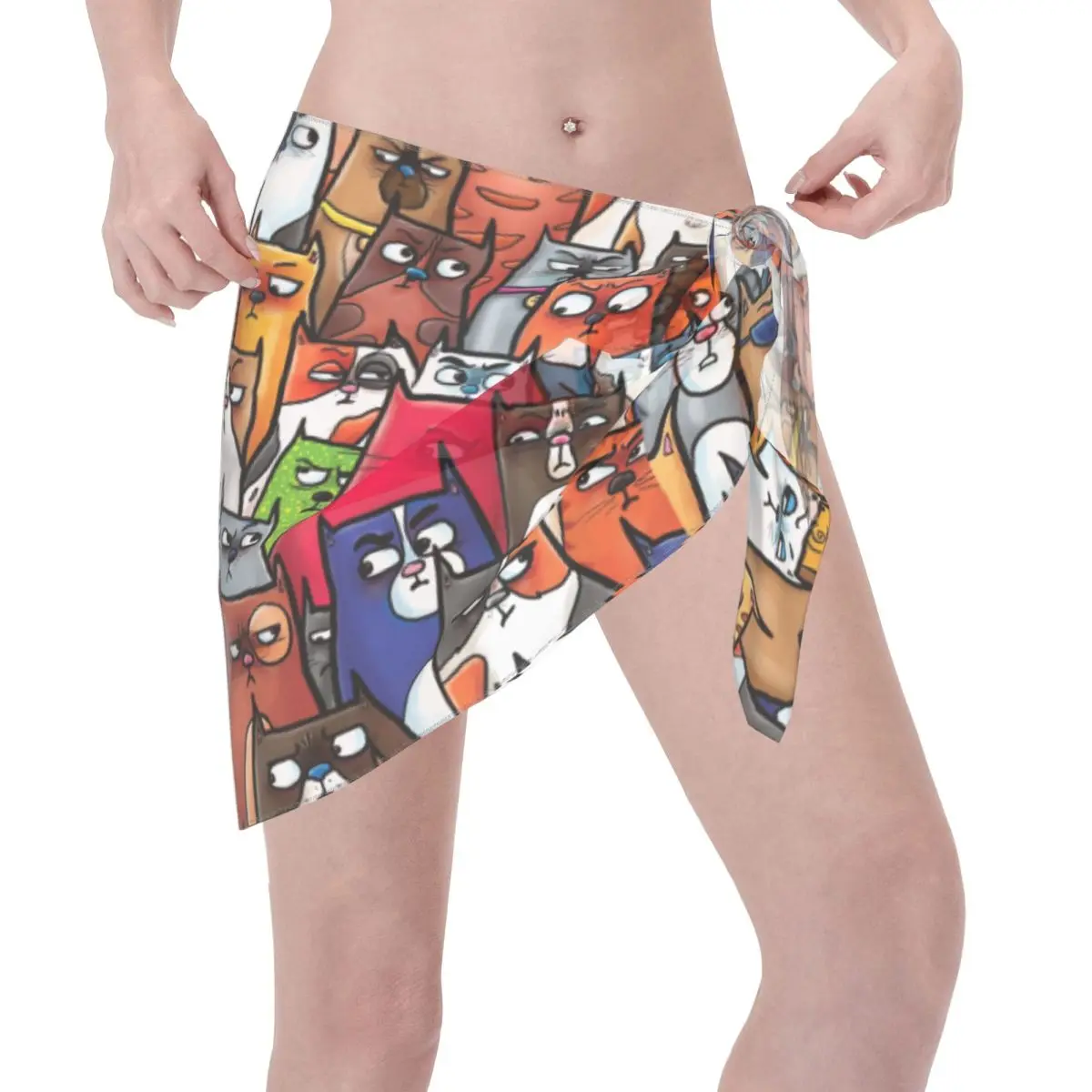 Custom น่าสงสัย Kitties แมวรูปแบบชุดว่ายน้ํา Coverups พิมพ์สั้น Sarongs ชุดว่ายน้ํา Sheer Coverups Sarong Coverups Beach Wrap