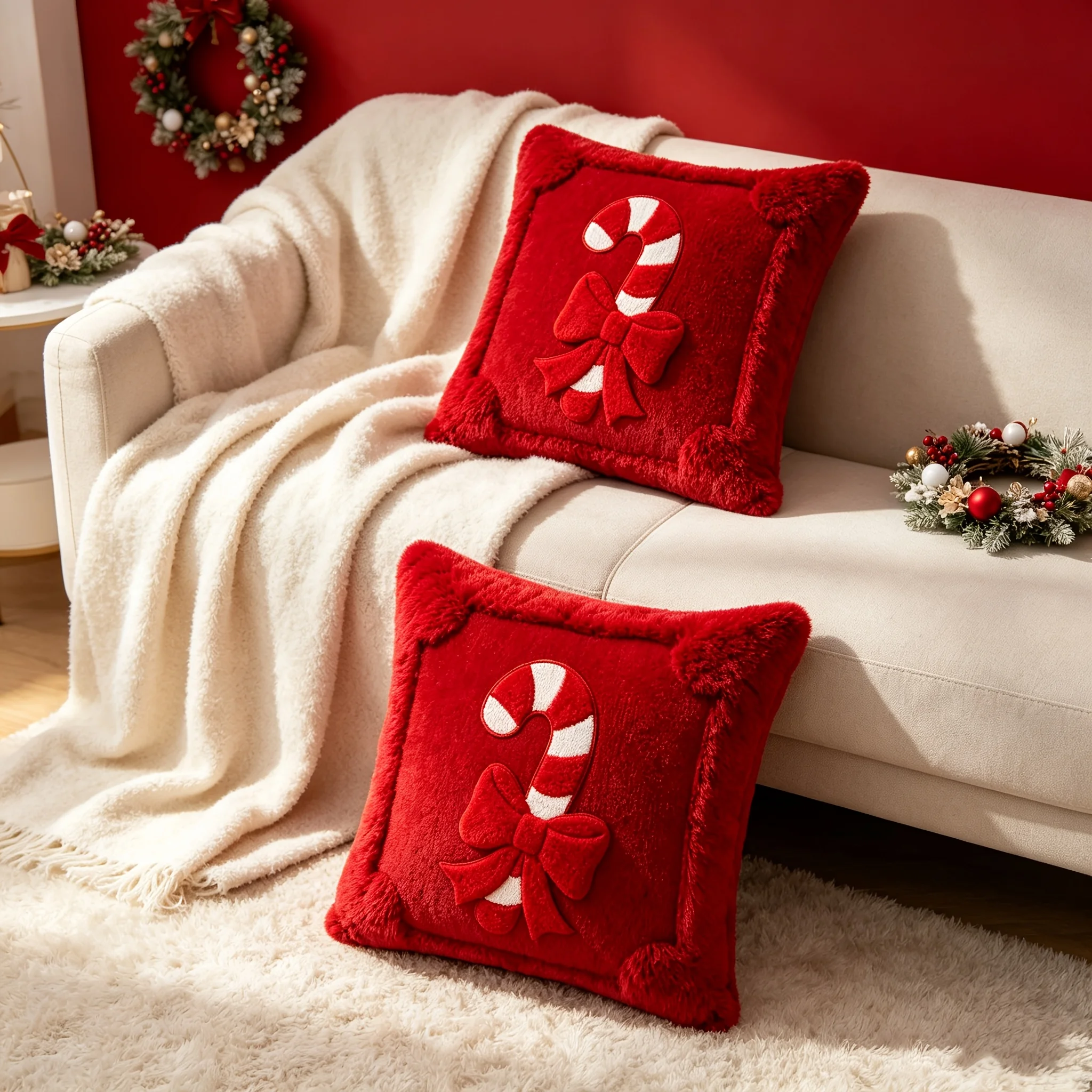 Weihnachtsdekoration Kissenbezug Xmas Candy Ribbon Dekorativer Kissenbezug Weicher Kissenbezug für Weihnachten Sofa Bett Heimdekoration – Detail 4