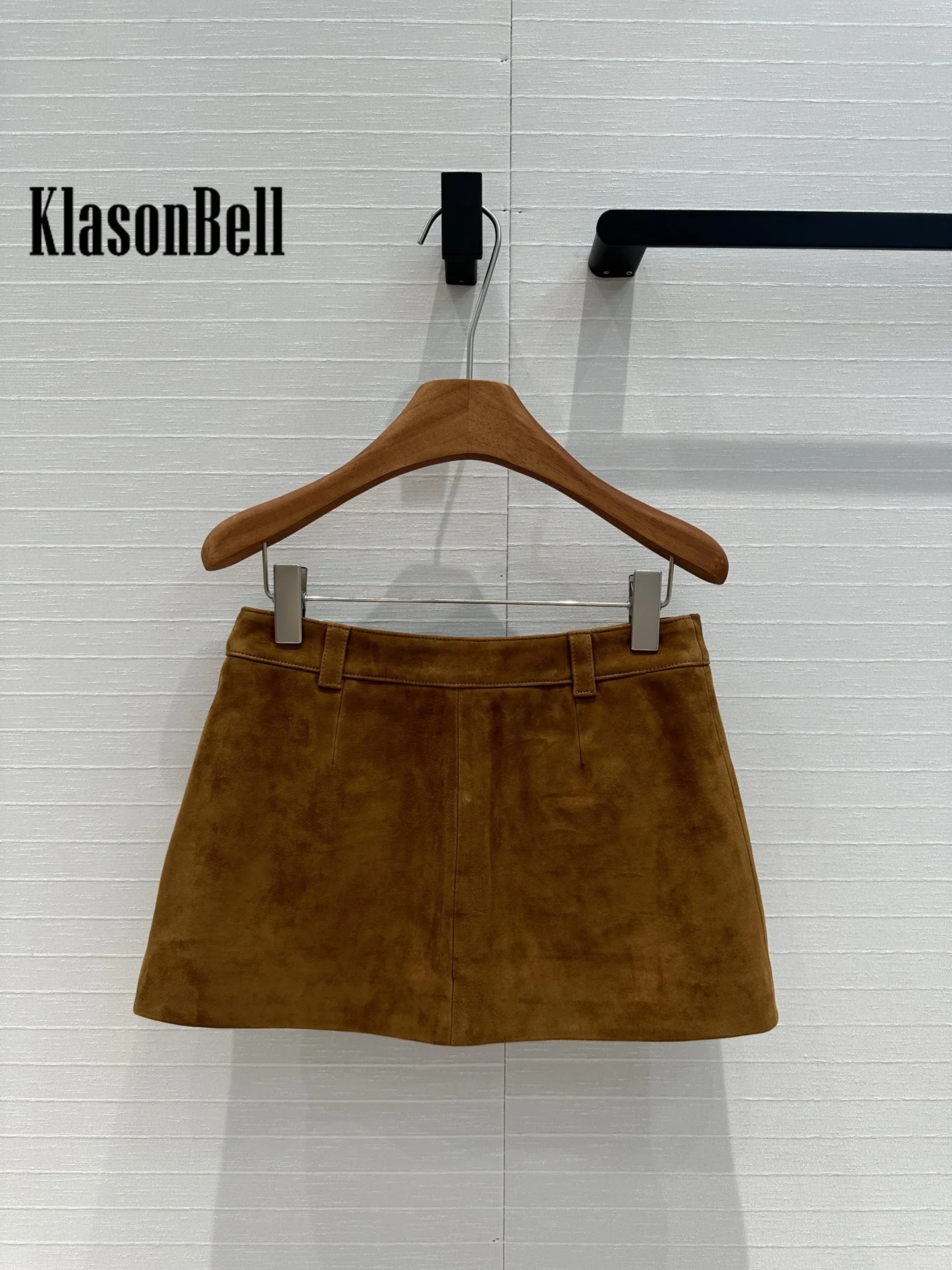 7.11 KlasonBell Women\'s Vintage Versatile Brown Cow Suede Short Skirt Gold Button Double Cargo Pocket Sheepskin Skirt