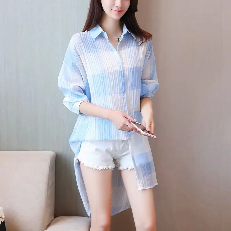 Blouse Women Plaid Shirt Loose Mid-Length Clothing Coat Women\'s Shirt Summer Blusas Ropa De Mujer