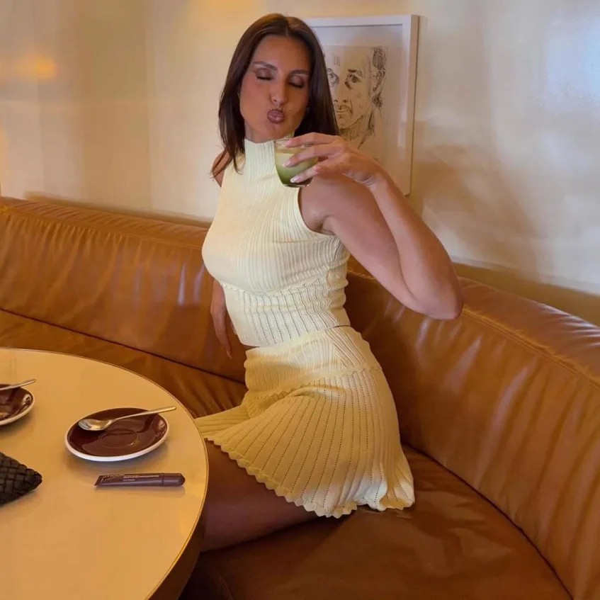Conjunto de falda y ceco tejido de verano, sin botones, sin mangas, cuello alto, traje de moda de dos piezas para mujer, l...