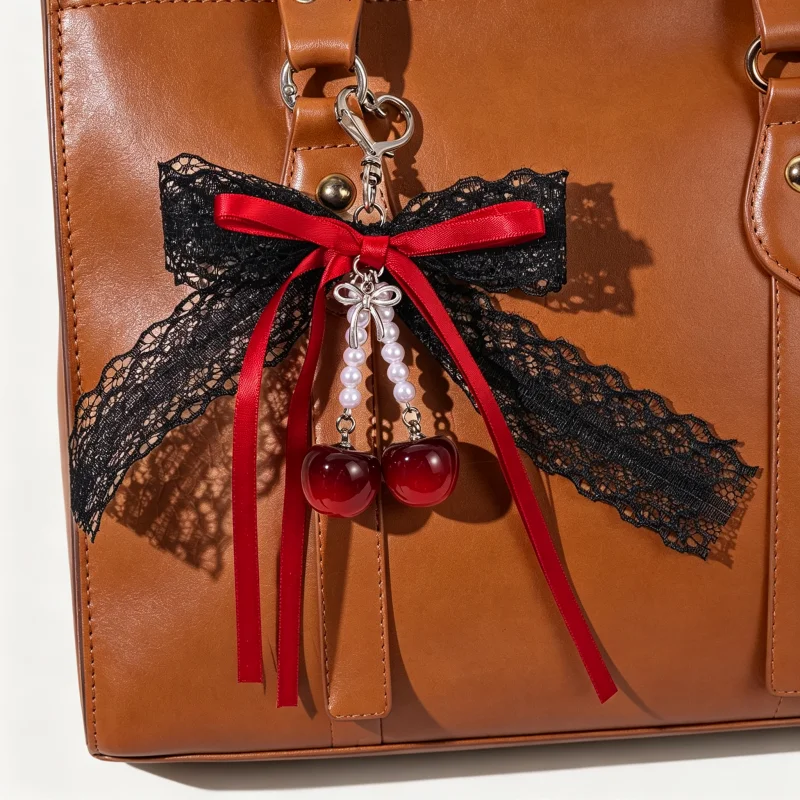 Y2K Lace Bow Keychain Hollow Red Ribbon Cherry Pendant Women Handbag Backpack Key Chain Exquisite Ornament Holiday Gift Decor