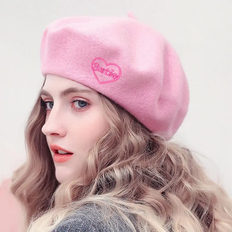 

Kawaii Barbie Love Embroidery Beret Film Soft All Match Wool Hat Autumn Winter Women Y2K Woolen Cap Female Girls Berets Gifts