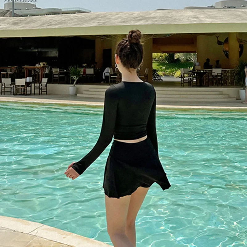 

New Korea Style Two Pieces Set Swimsuit Women Swimwear Sexy Black Bikini High Waist Skirts Beach Wear Long Sleeve Bathing Suit