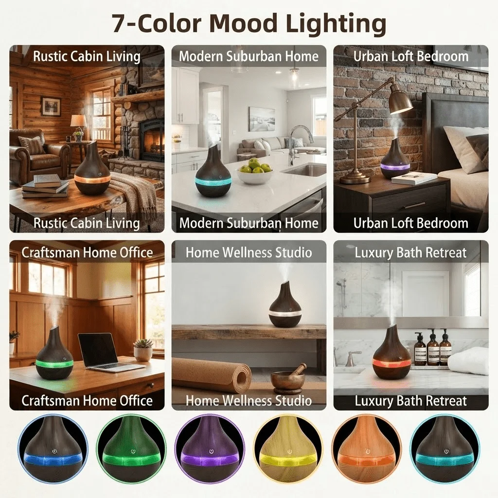 HONSUN USB Mini Portable Humidifier with LED Light, 300ml Indoor Room Humidifier, Wood Grain Ultrasonic Aroma Diffuser, DC5V USB Powered, 4H Auto Shut Off, 7 Color Changing Night Light, Quiet Mist Humidifier for Bedroom Office Home