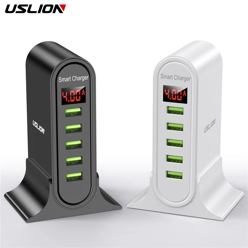 USLION 5 in 1 USB Charger 5 Port LED Display Multi Fast Charging USB Mobile Phone Charger EU US Plug Travel Wall Charger Adapter