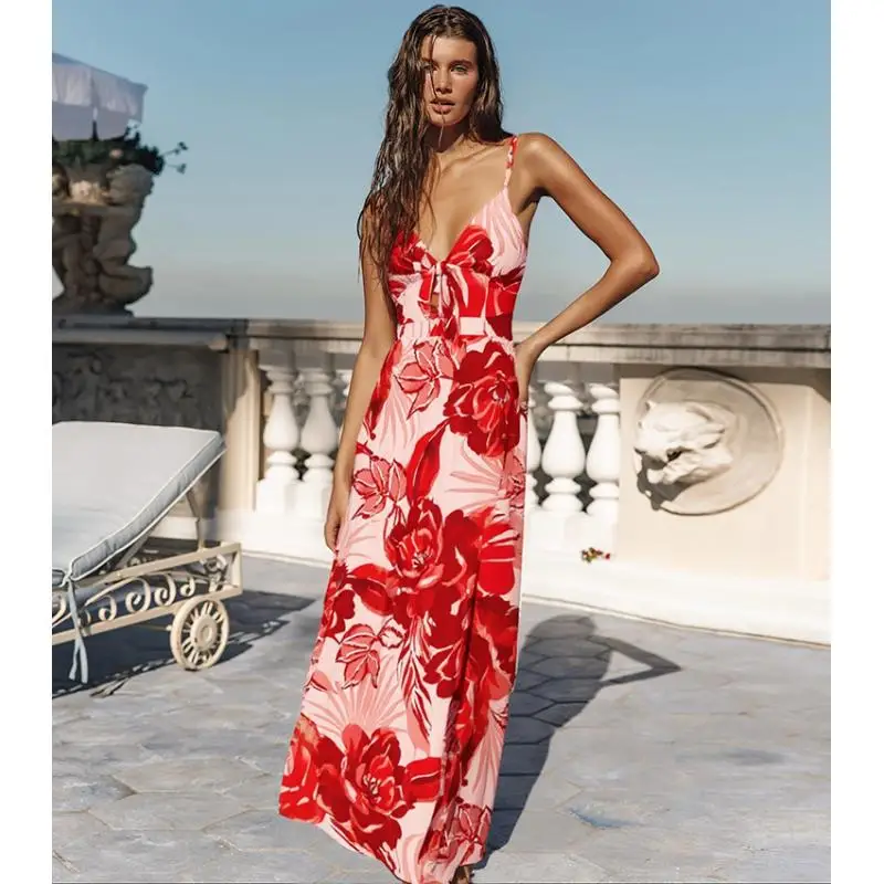 

Flaxmaker Summer Swimsuit and Skirt Vintage Red Peony Print Swimwear Sexy Sleeveless V Neck Summer Beachwear Biquini conjunto de