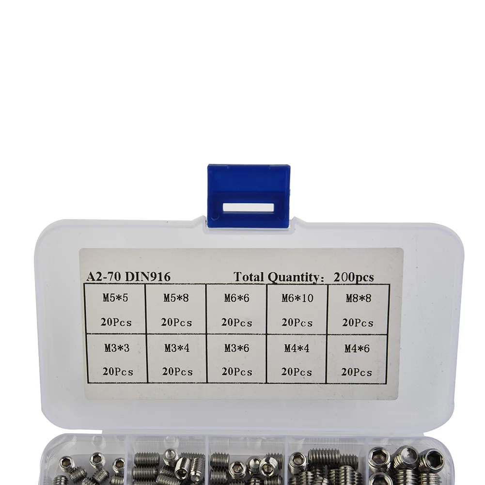 200 Pcs Fixing Screws 304 Stainless Steel Hex Wrench Socket Cap Screws Assortment Kit M3-M8 Professional Hand Tools Accessories