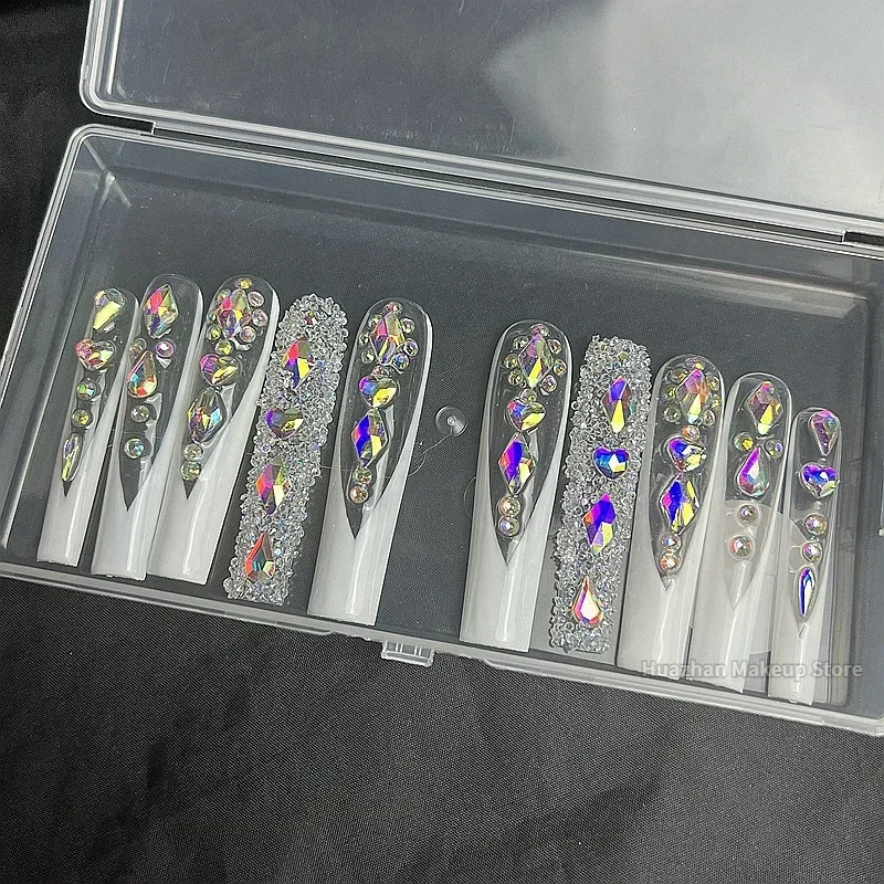 

Handmade 3XL Extra Long Coffin Press On Nails 5CM Customized False Nail Tips Bling Rhinestone Reusable Fake Nail With Glue Gift