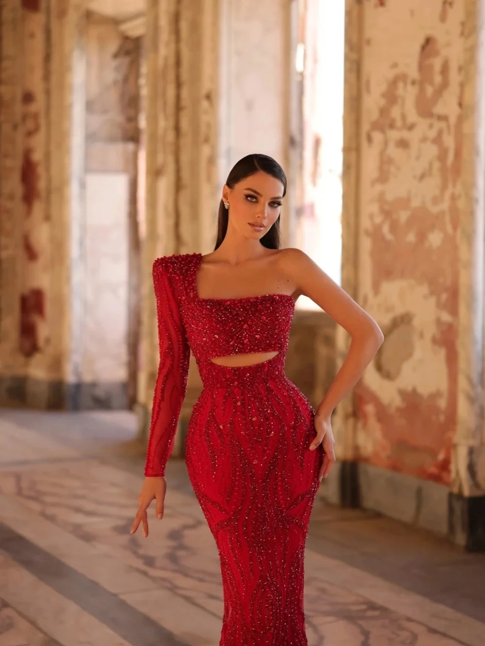 Modern Evening Dresses One Shoulder Prom Gowns Sequins Pearls Long Sleeves Princess Sweep Train Customized Vestidos De Noche