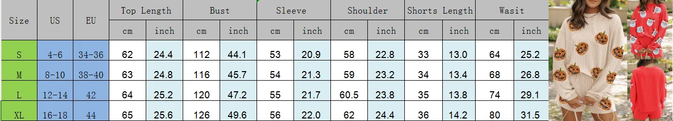 2026 Neujahr Damen 2-teiliges Lounge-Outfit Weihnachten Langarm O-Ausschnitt Pailletten Kürbis/Pailletten Weihnachtsmann Pullover Shorts Sets