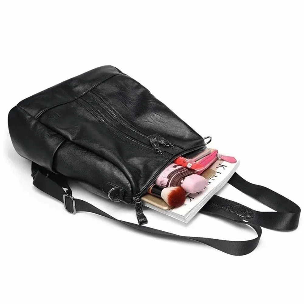 

Black Leather Backpack Large Capacity Soft Leather Korean Style Backpack Quilted Design Solid Color Multifunctional School Bag