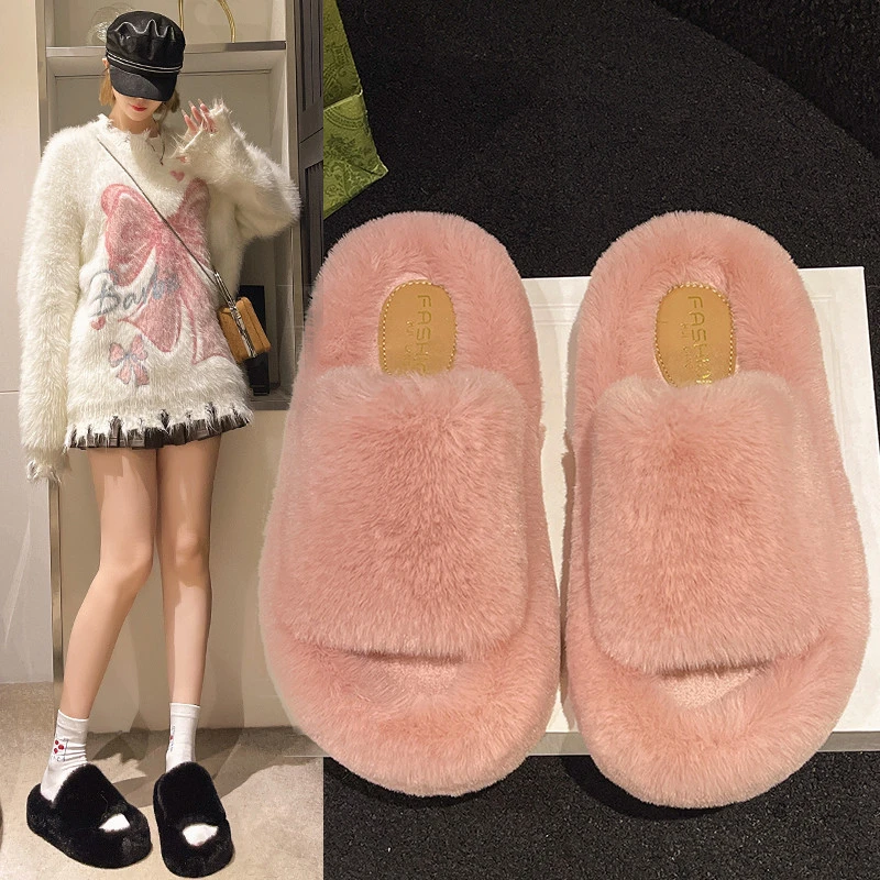 Winter Woman Furry Faux Fur Slipper Luxury Fluffy Plush House Soft Fuzzy Platform Shoe Flat Casual Ladies Sabot Round Toe Slides