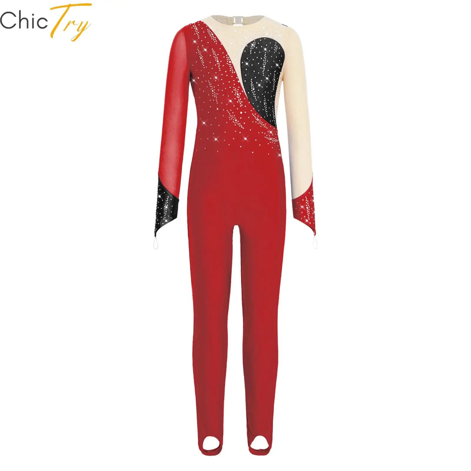 

Детский гимнастический костюм для девочек: комбинезон для фигурного катания и танцев, сетчатый, с длинными рукавами, пэчворк, со стразами, с ушками для ног, боди