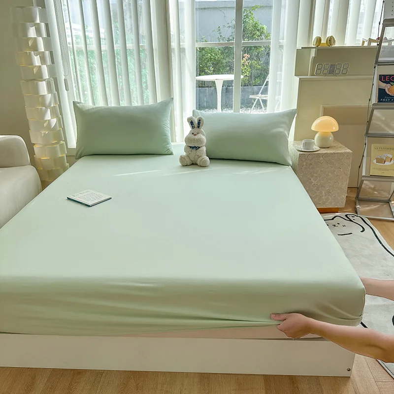 Fitted Bed Sheet with Elastic Band Solid Color Washed Cotton Mattress Cover for Single Double King Queen Bed 140/150/160/180/200