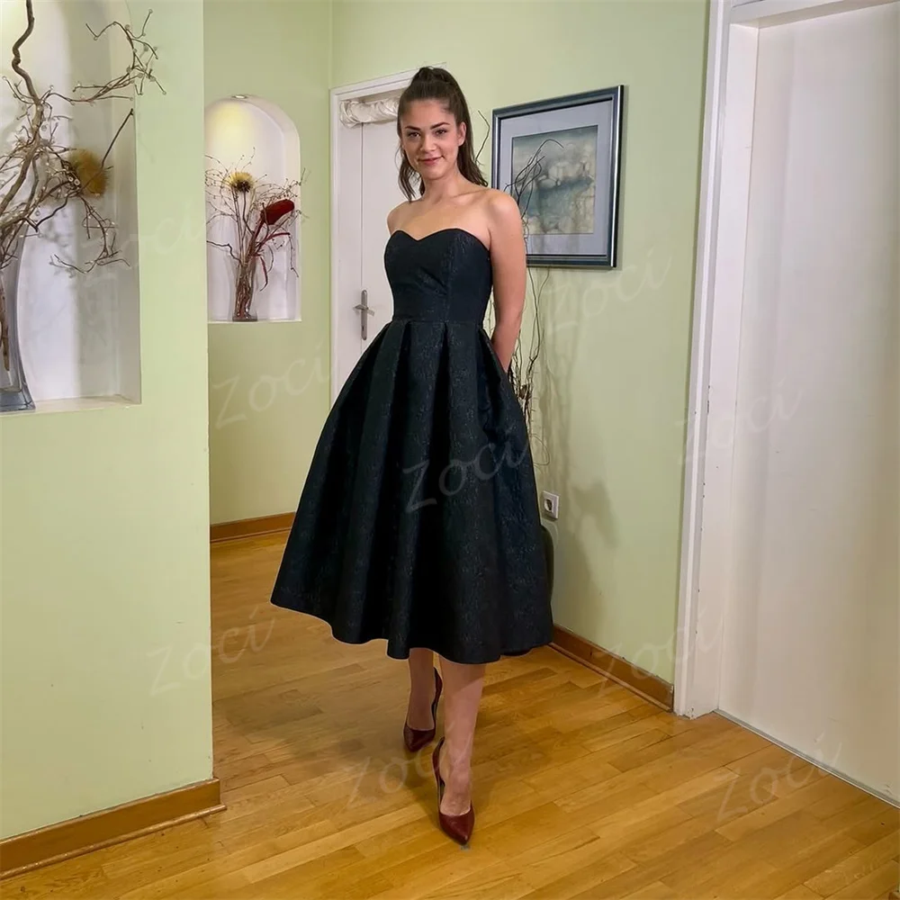 Zoci Sweetheart Printing Lace Black A Line Prom Dresses Customized Corset Evening Gowns Tea Length Formal Occasion Party Dress