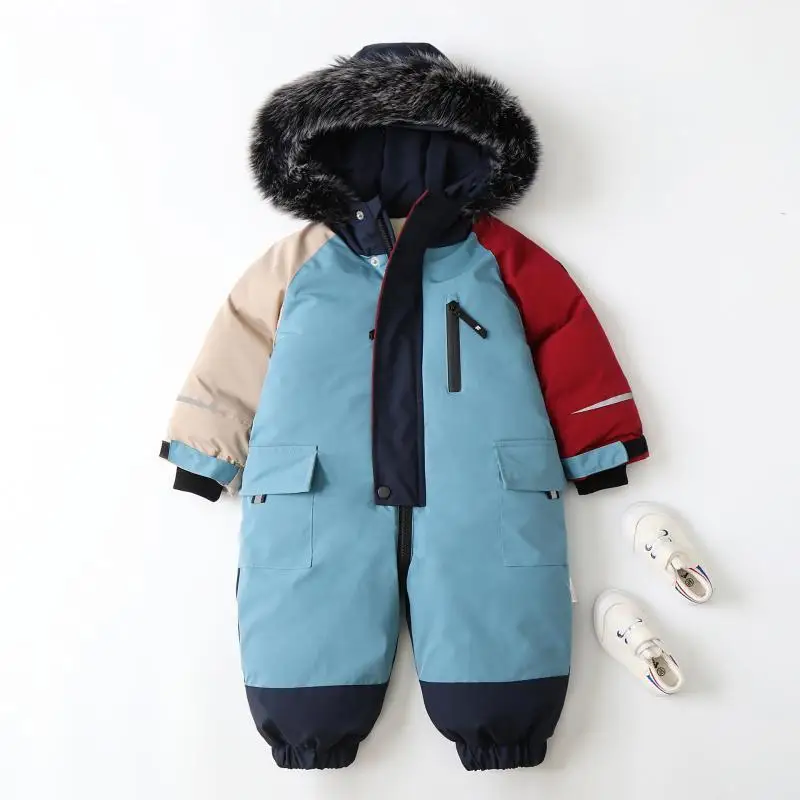 2024 Patchwork Color Hooded Baby Girl Romper Thick Warm for Boys Baby Coat Skiing Clothing Children Jumpsuits Winter New Rompers