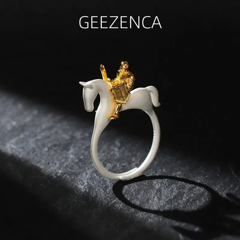 

GEEZENCA 925 Sterling Silver Two Toned 3D Knight Horse Statement Rings For Women Designer Trendy Unique Open Ring Party Gift