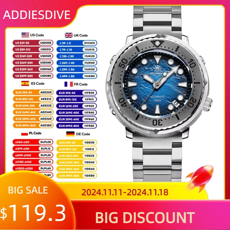 

ADDIESDIVE NEW Luxury Stainless Steel Dive Men Automatic Mechanical Watches NH35 Sapphire Crystal 300M Waterproof Luminous Watch