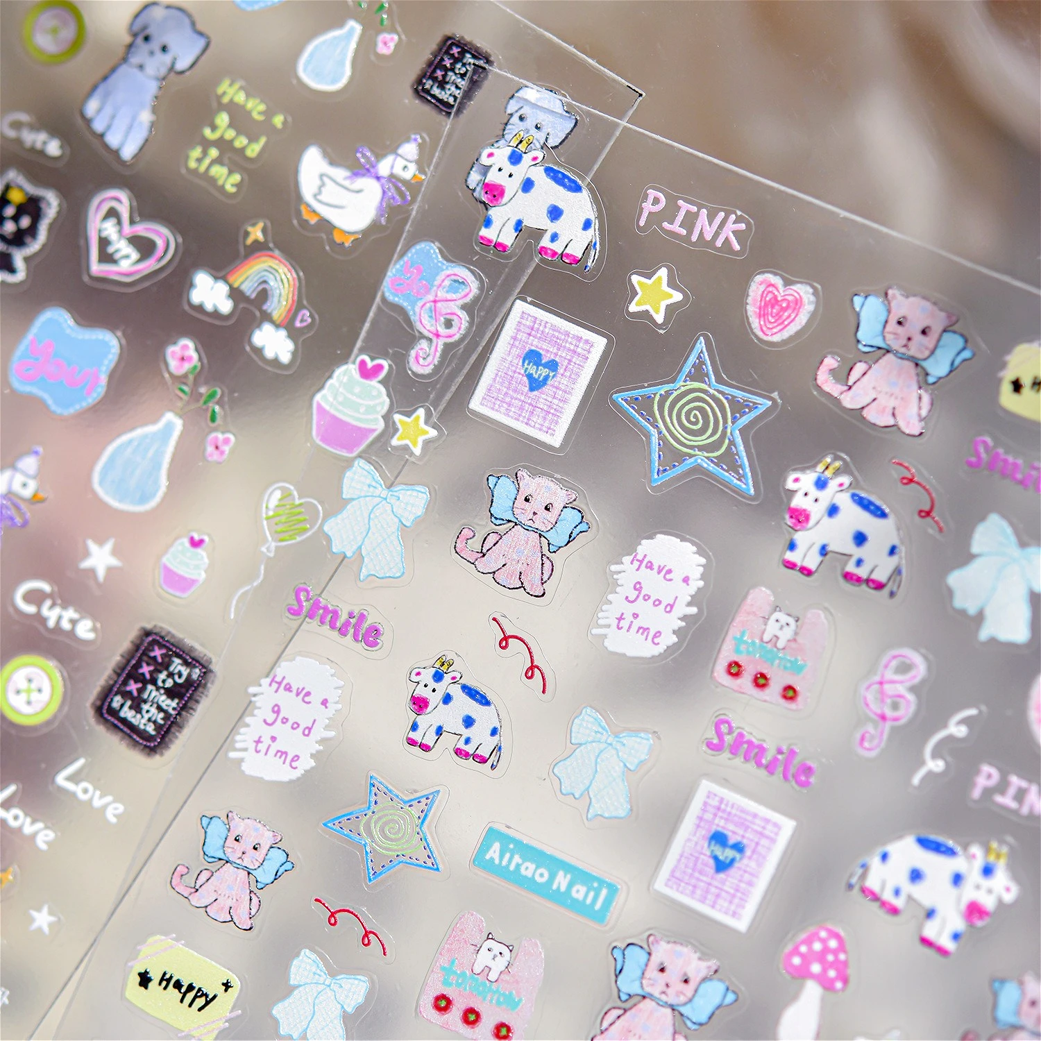 만화 패치 오리 버튼 강아지 소 고양이 곰 핑크 무지개 구름 나비 매듭 케이크 별 사랑스럽고 세련된 네일 아트 스티커 DIY 매니큐어 데칼