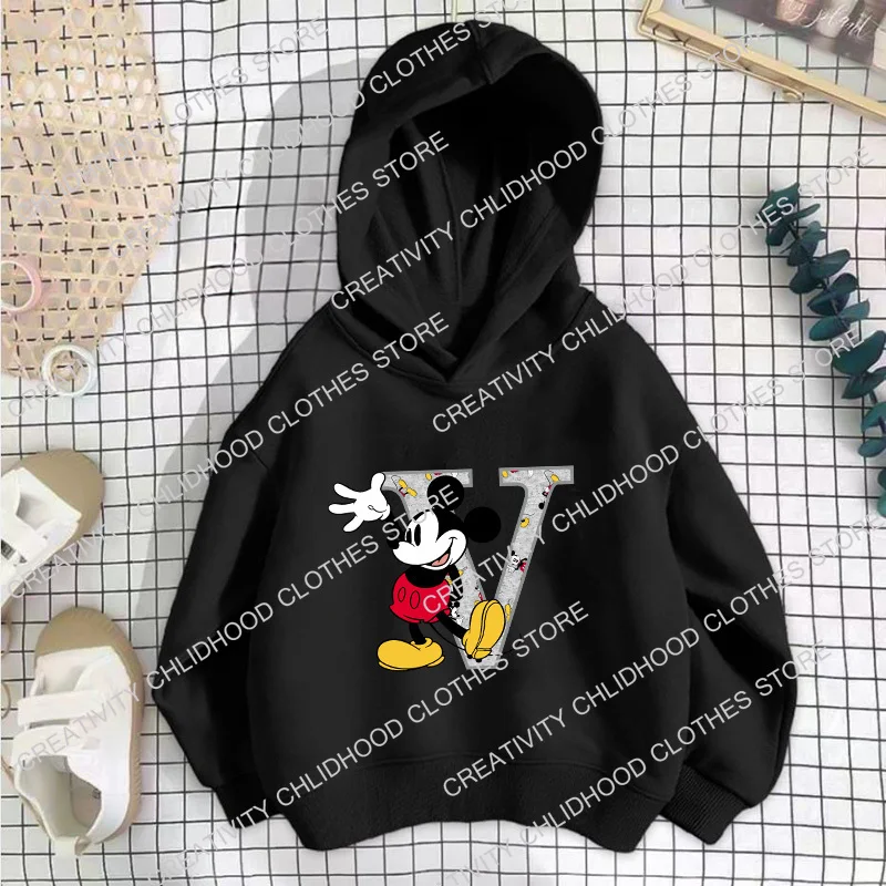 Mickey Children Hoodies Disney Letter A B C D Sweatshirt Kawaii Pullover Anime Manga Cartoons Girls Boy Kids Casual Clothes Tops