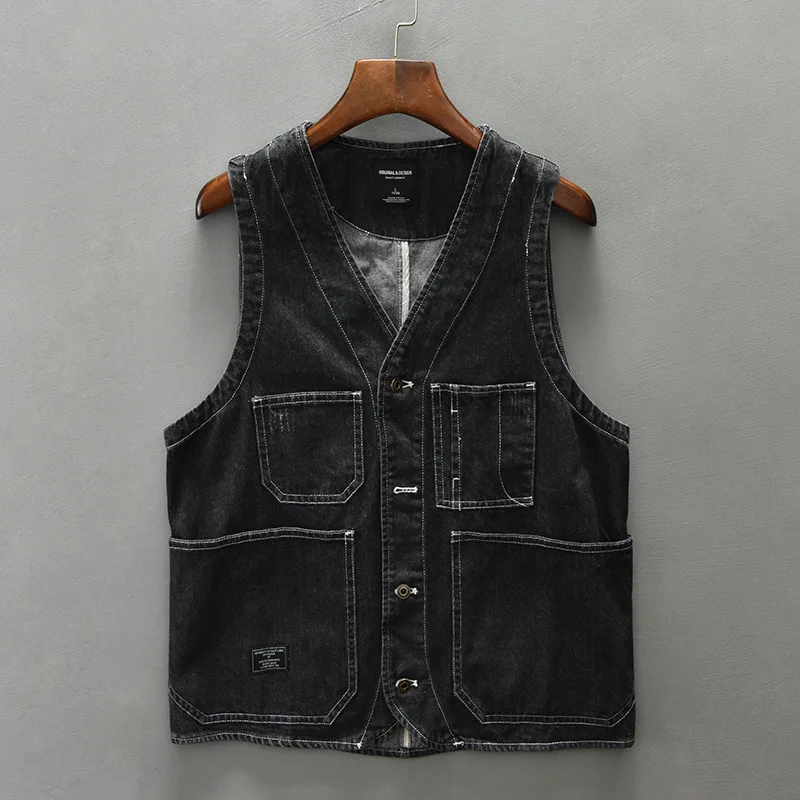 Autumn new men's retro cargo denim vest all sleeveless coat handsome V-neck vest vest