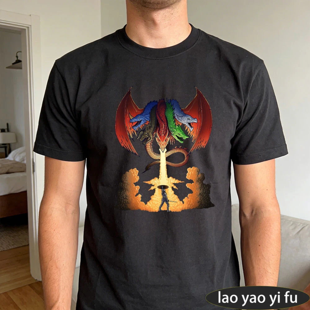 D&D Tiamat Fire Breath Battle Scene Art Print T-Shirt Men's Epic Fantasy Gaming Short Sleeve DUNGEONS DRAGONS Series tee Tops