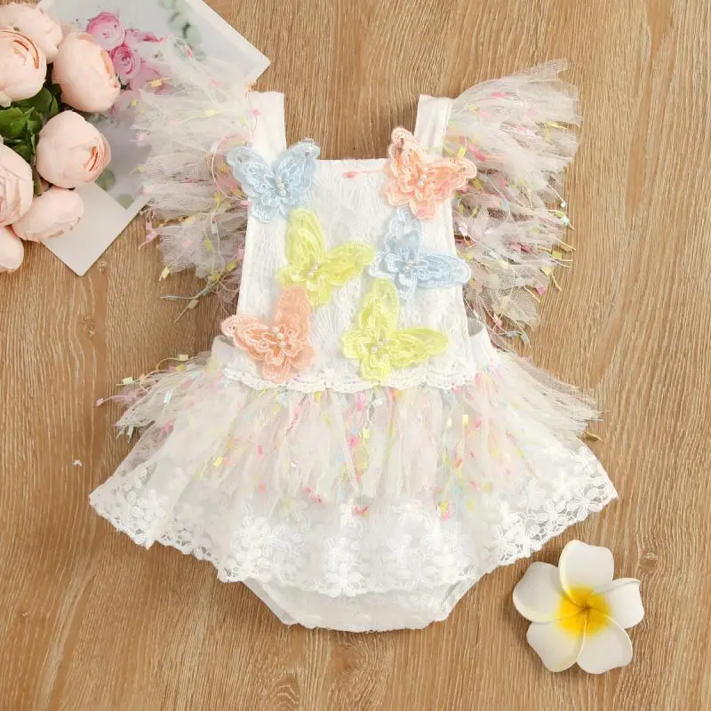 Summer New Baby Girl Sweet and Cute Jumpsuit with Tassel Mesh Small Flying Sleeves Butterfly Sticker Crawling Outwear