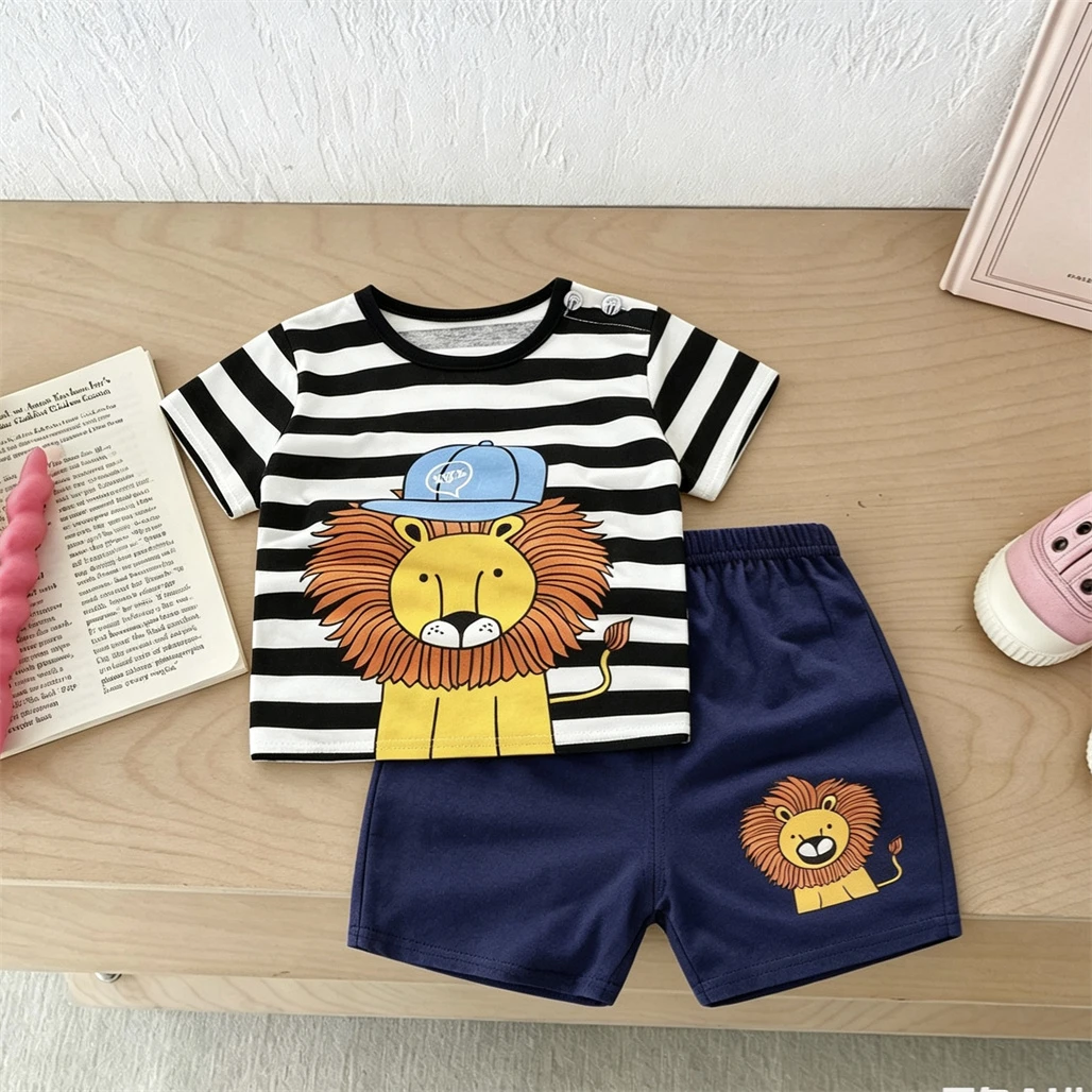 Kids New Design Suits Short-sleeved Shorts Summer Clothing Crewneck Tees+Shorts Boys Child 2Piece Set Cartoon Tees Loose Shorts