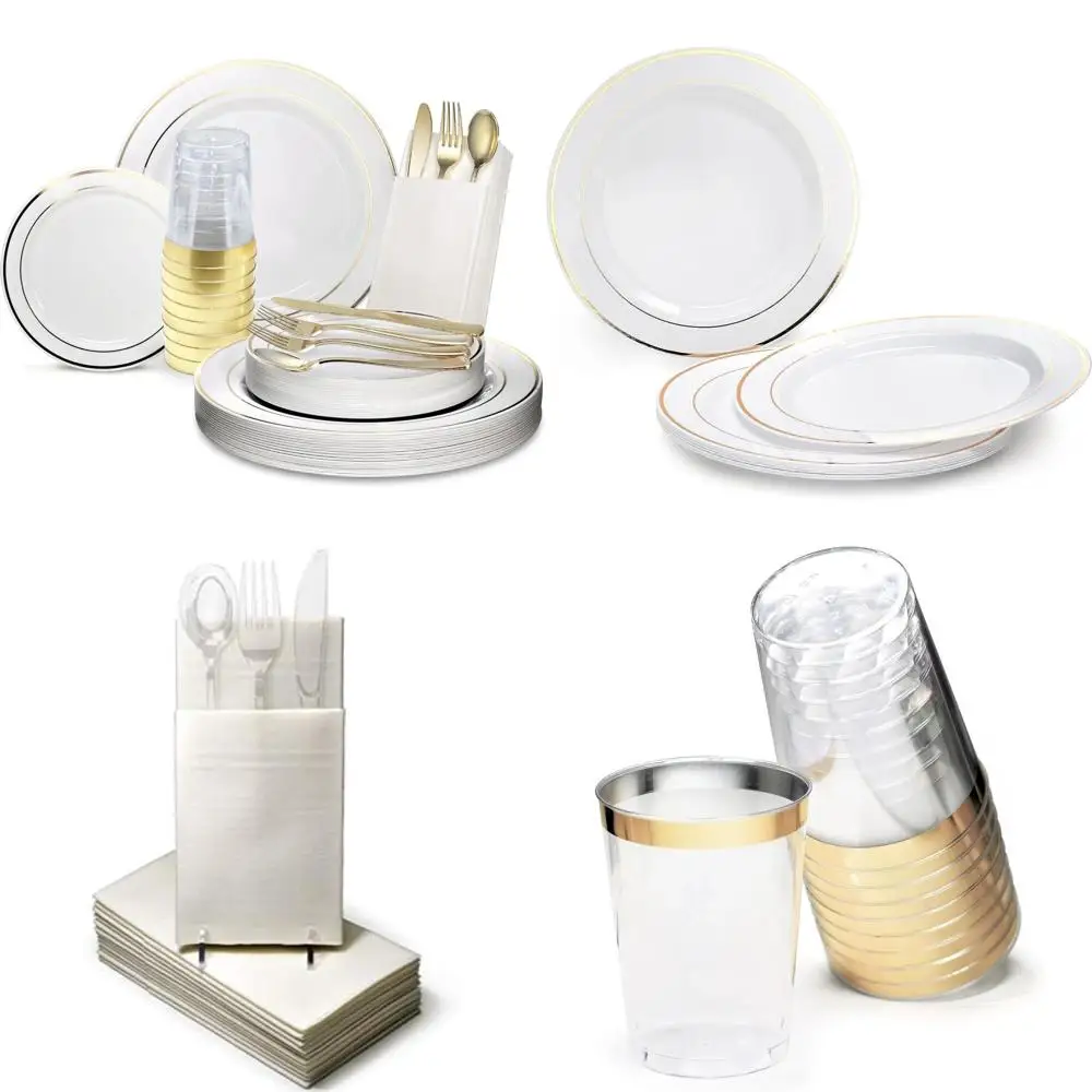 

Набор одноразовых пластиковых тарелок для 25 гостей — тяжелые принадлежности для свадебной вечеринки со столовым серебром и 200 предметами.