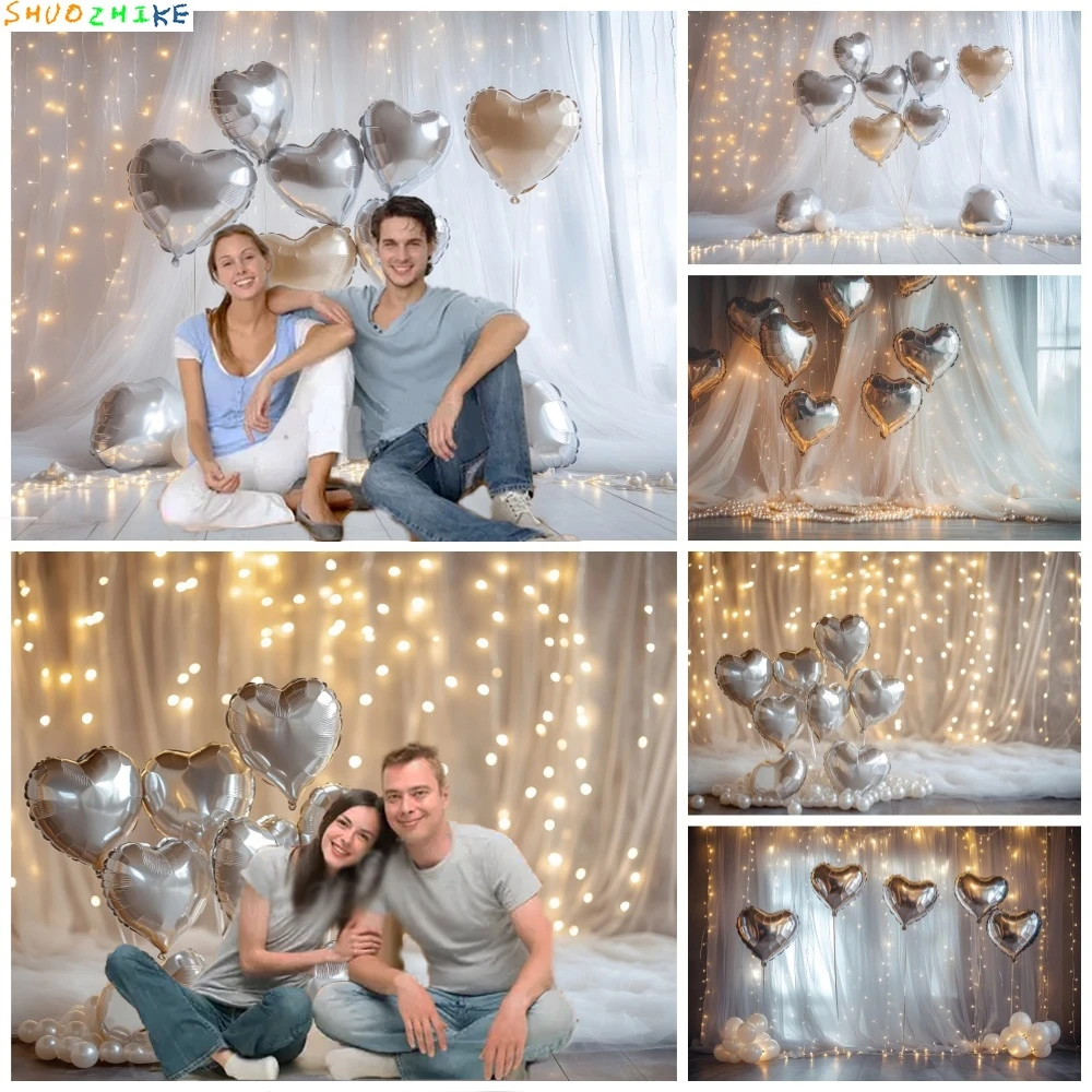 

Valentine's Day Photography Backdrop Gold Glitter White Curtains Love Heart Balloon Kids Birthday Wedding Party Decor Background
