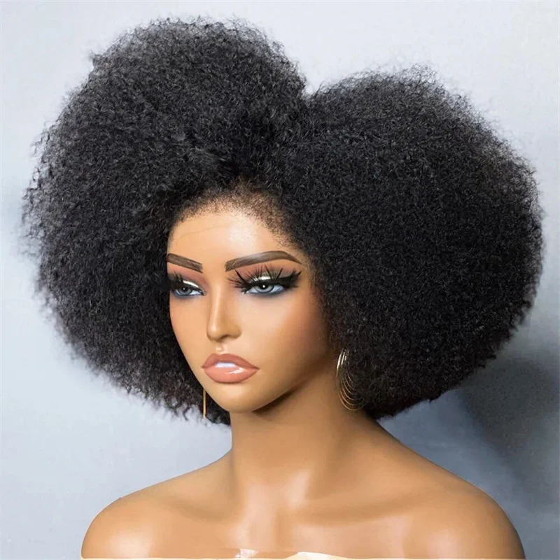 Soft Glueless 14lnch 180%Density Short Bob Natural Black Kinky Curly Wig  Lace Front Wig For Women BabyHair Preplucked Synthetic