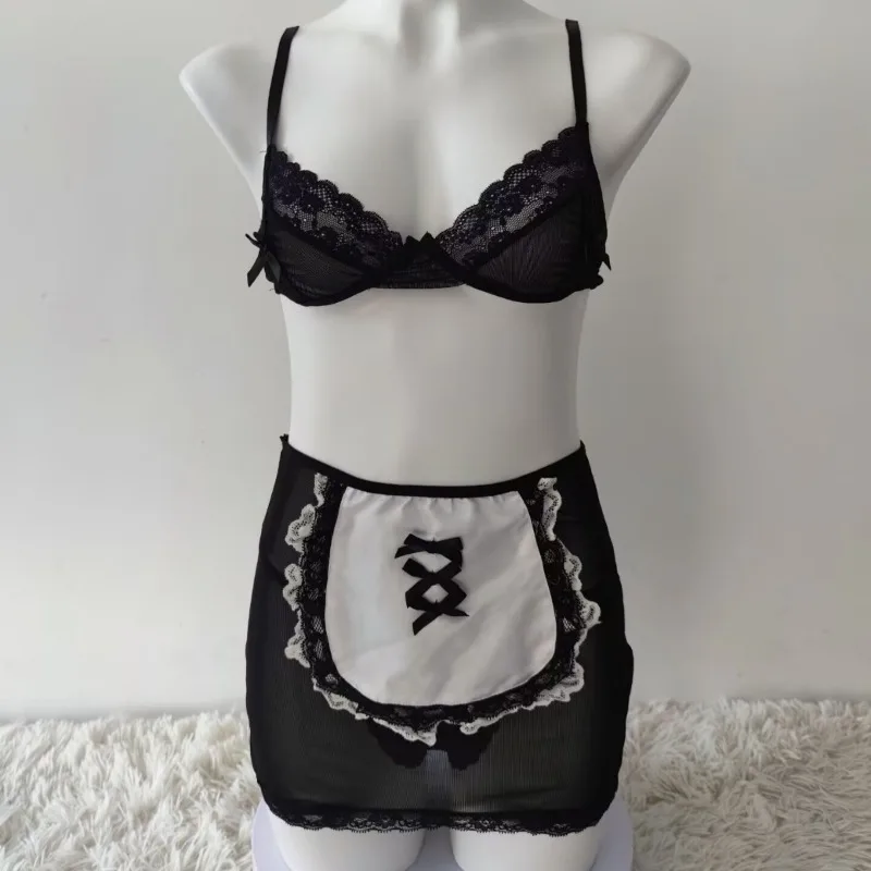 

Сексуальная одежда для сна, кружевное прозрачное белое кружево контрастного цвета, комплект сексуальной униформы горничной, включая ночную рубашку, комплект нижнего белья и трусов