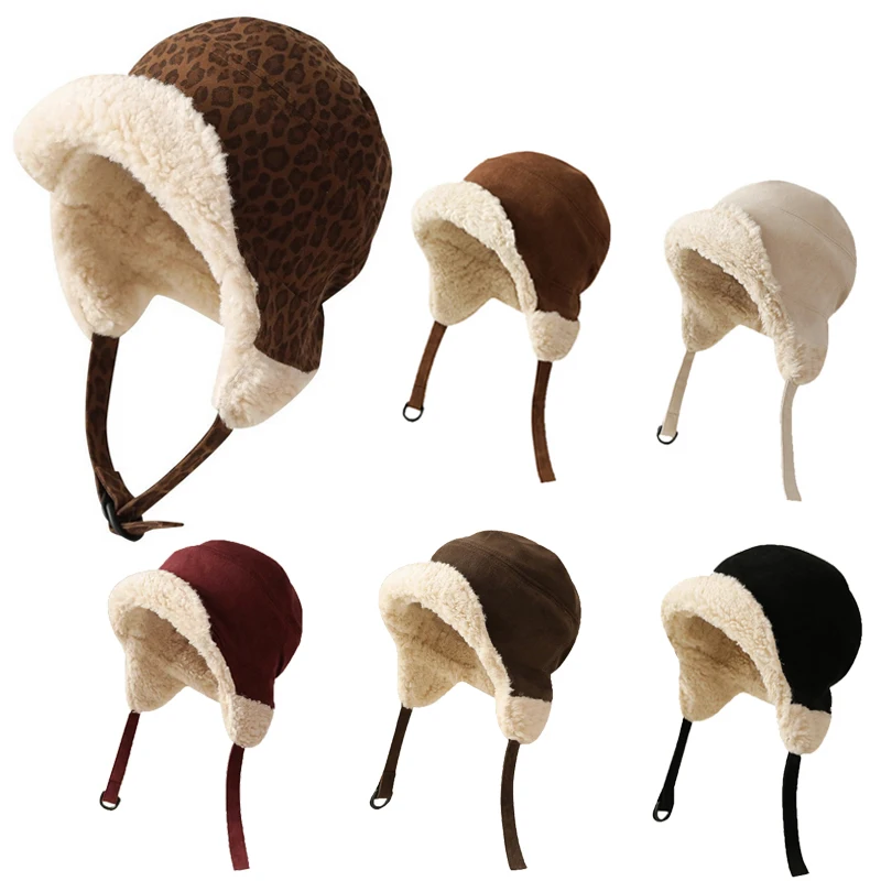 GEMVIE Suede Plush Warm Leopard Flying Hat for Women Men Winter Outdoor Travel Skiing Ear Protection Bomber Hats