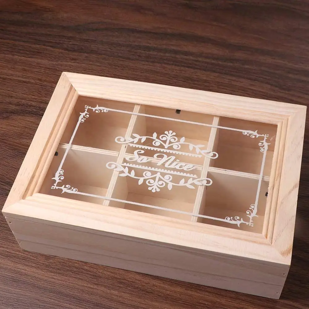 

6 Grids Wooden Tea Box with Clear Lid Space Saving Tea Bag Holder Multifunctional Dust-proof Jewelry Display Case Travel