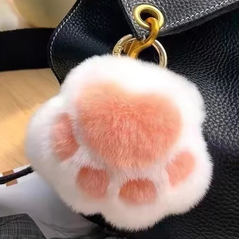 LLavero de pata de gato esponjoso rosa y negro, llavero con pompón para el pelo para mujeres y niñas, colgante de pata bonita, llavero de coche, decoración para bolso