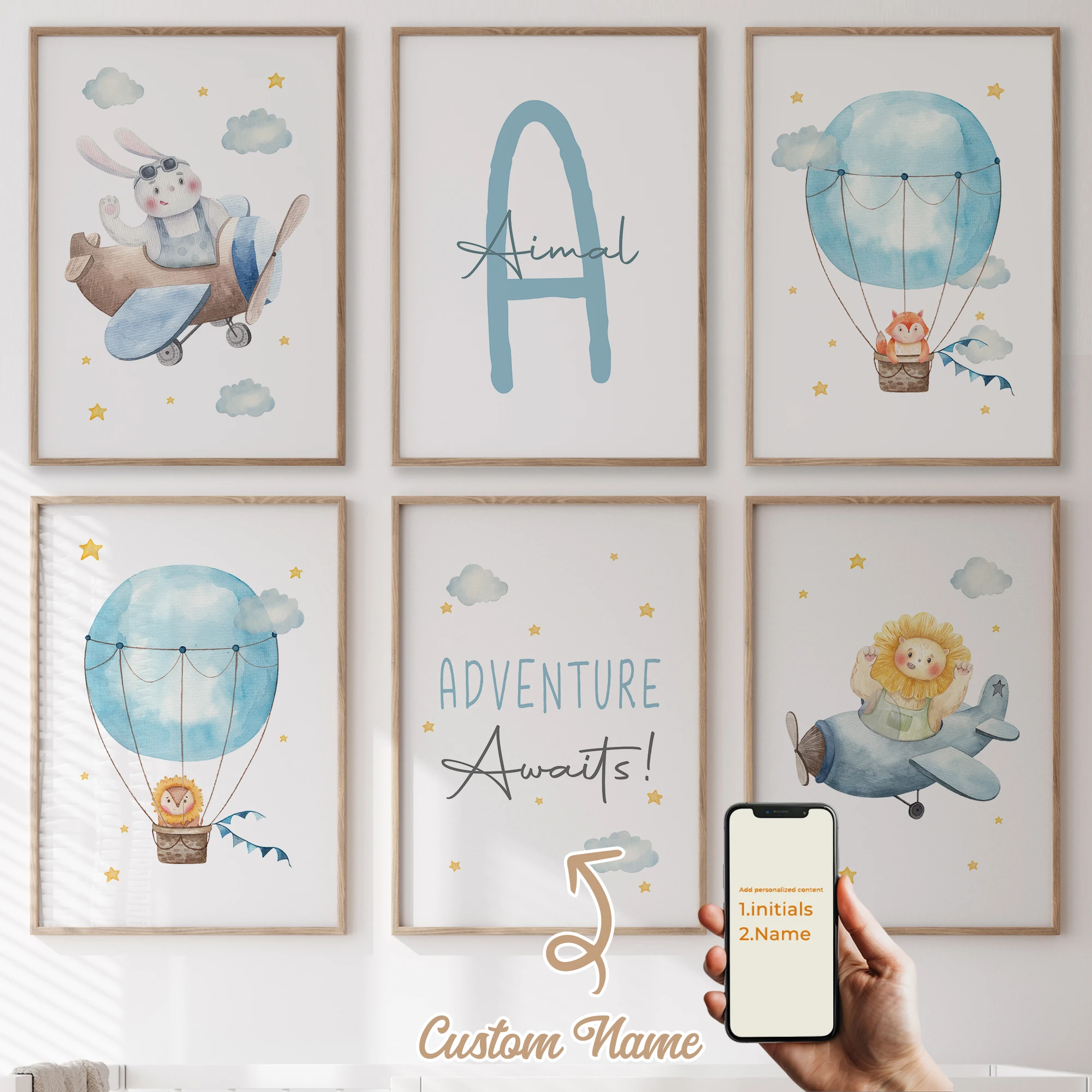 

3Pcs/6pcs Personalized Custom Name Cute Cartoon Spaceship Wall Art Print Picture For Living Room Kids Boy Room Home Decor Gift